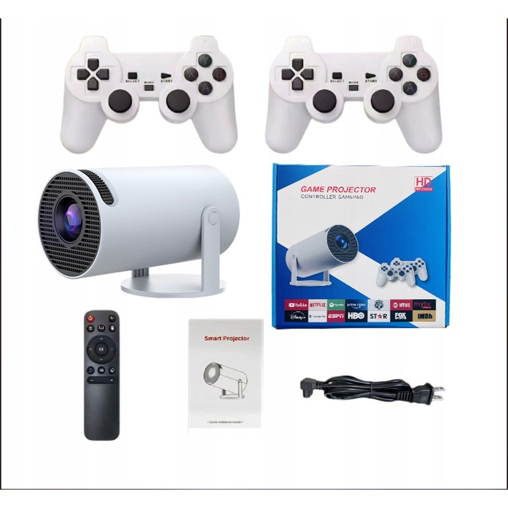 Videoproiector portabil ZURYSYR, 4K, 200 ANSI lm, 1280x720p, cu 10.000 jocuri , 2 gamepad-uri