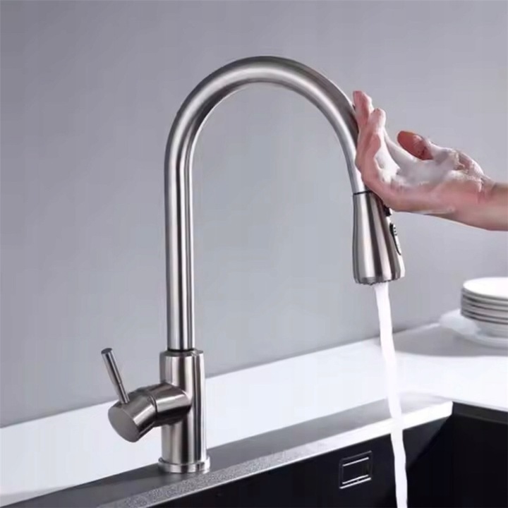 Magas, kihúzható zuhanyfejes csaptelep, 3 funkciós, rozsdamentes acél, fekete