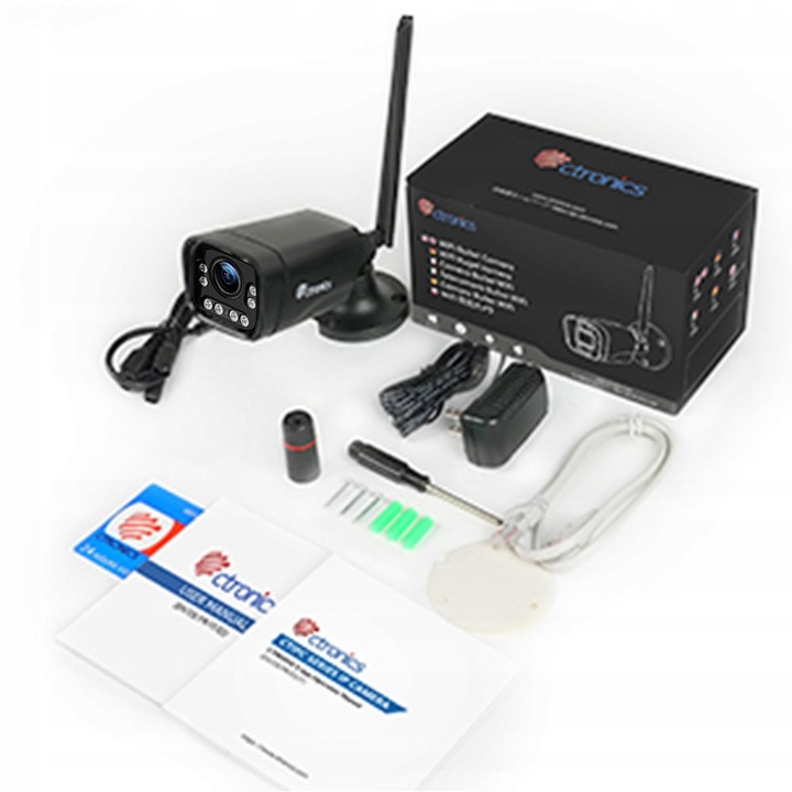 Cameră de supraveghere exterioară, Ctronics, 4K 8MP, vedere nocturnă color 25 m, audio bidirecțional, IP66, neagră