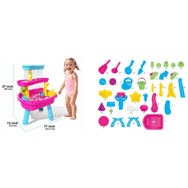 Masa de apa cu nisip VATOS, set 37 accesorii, 69x43.5cm