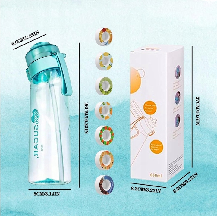 Butelca de apa 650 ml cu 7 capsule de arome, fara zahar si calorii, multicolor