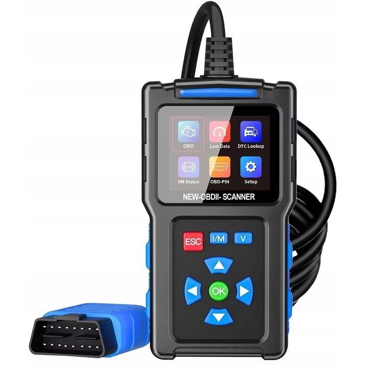 Диагностичен интерфейс, OBD2, тестер за автомобили, четене, изтриване на грешки, меню на румънски език, 139x75x33mm, пълен комплект