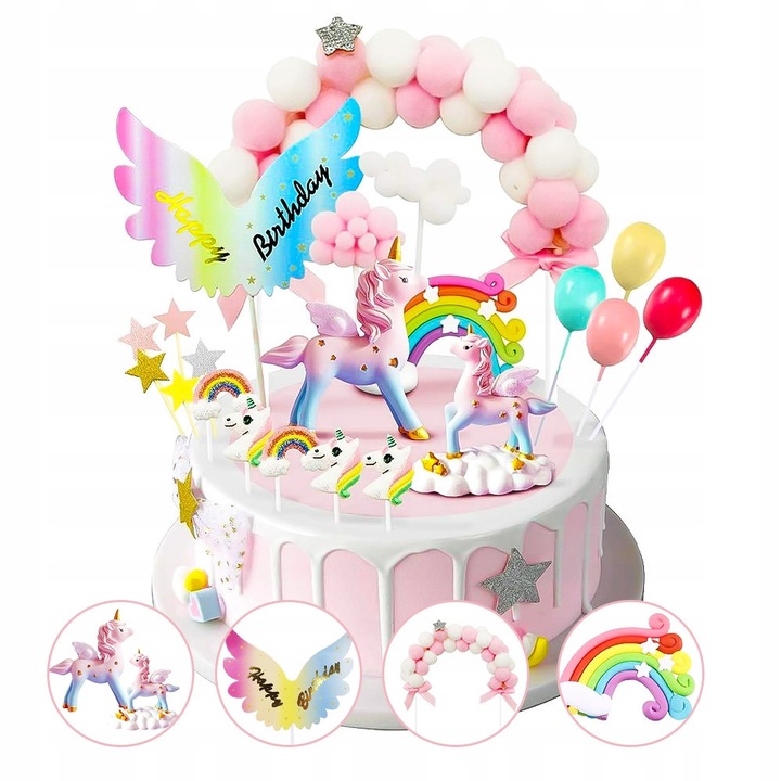 Set decorativ tort cu unicorni, chmure, baloane, curcubeu, 6,6x9,7cm, 10cm, 3-6cm, 14cm, 12,5cm, 7,5cm
