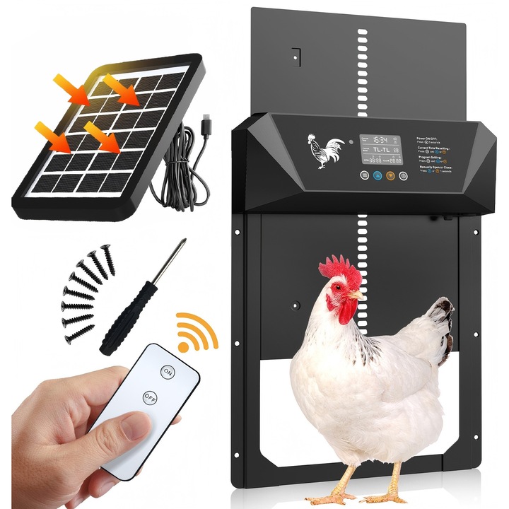 Usi automate pentru gaini, Zosudull, alimentare solara, senzor de lumina, dimensiuni 24,3x27,7cm