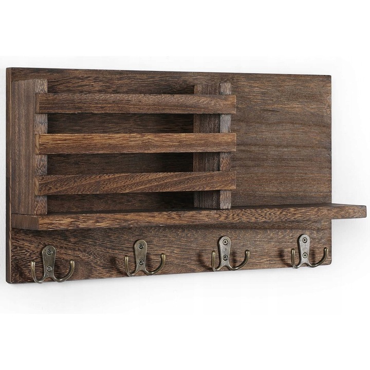 Organizer de perete, din lemn, pentru chei si posta, cu 4 carlige, capacitate 9 kg, maro