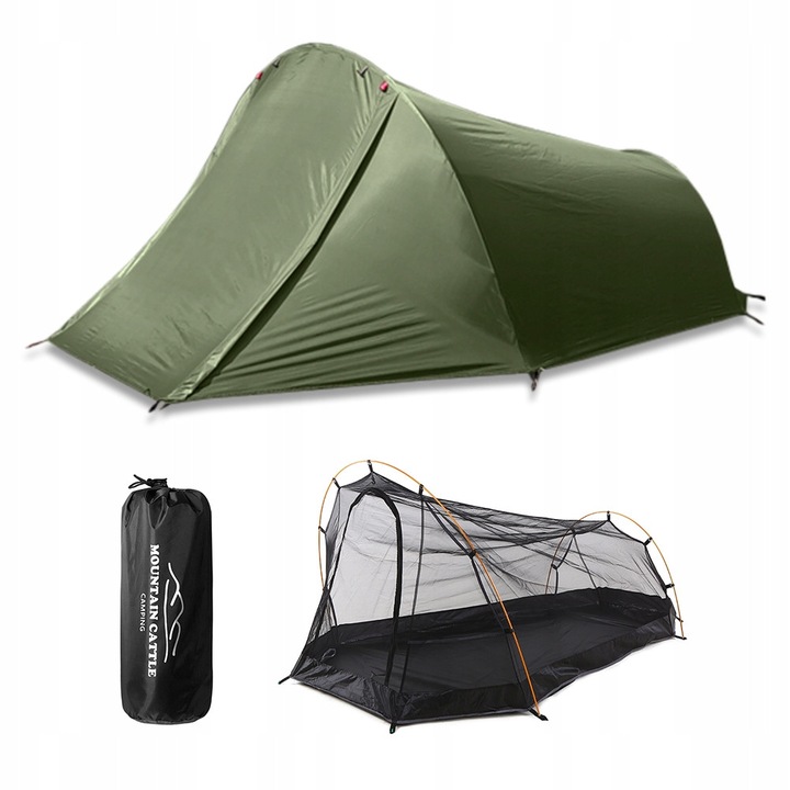 Cort camping pentru 2 persoane, verde/gri, 145cm inaltime, 315cm latime, impermeabil, portabil