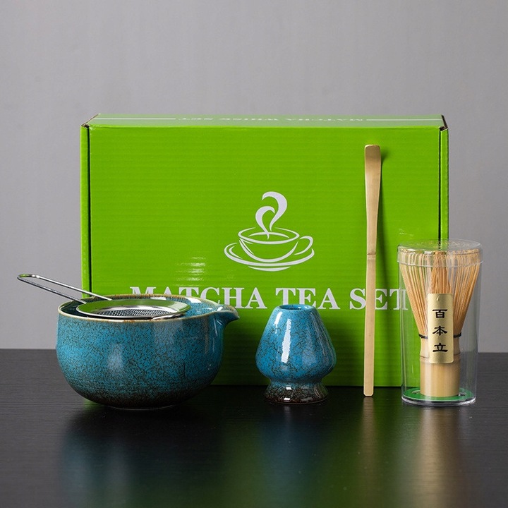 Set cadou pentru ceai matcha, bol, tel, suport, lingurita, albastru