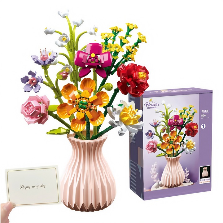 Set de constructie Sakura, 2008 piese, model bonsai floare de cires, 15x16x15cm, cu snur luminos