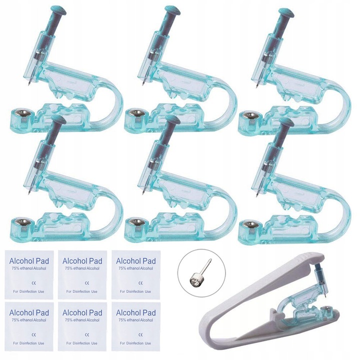 Set 6 pistoale de piercing pentru urechi, 6 accesorii, albastru, utilizare unica
