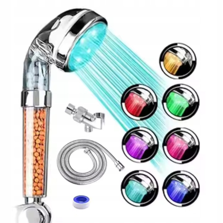Set cap de dus inalta presiune LED 7 culori, tehnologie de economisire a apei, filtrare minerala, dimensiuni standard