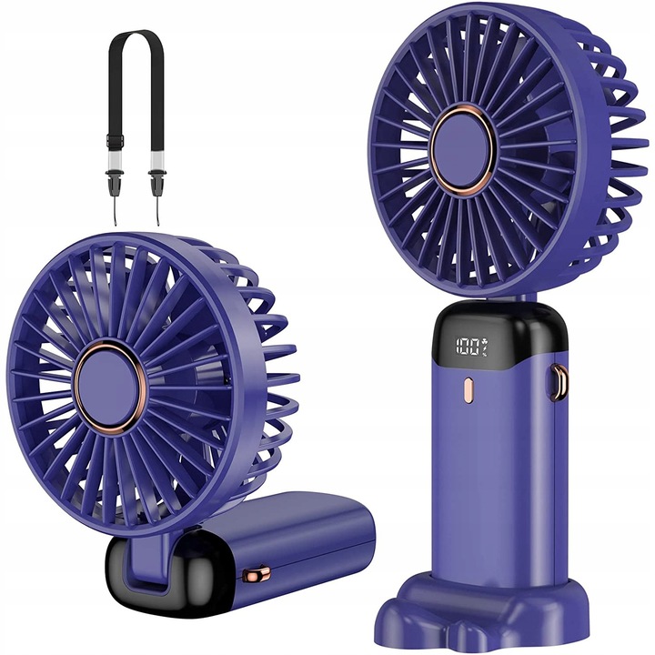 Hordozható USB ventilátor, 5 sebességes, 3000mAh akkumulátor, 188x90x46.5mm, kék