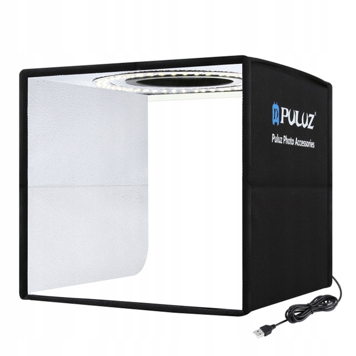 Set studio foto Puluz, cort pliabil, 12 culori fundal, lumina LED, 245x245x245mm