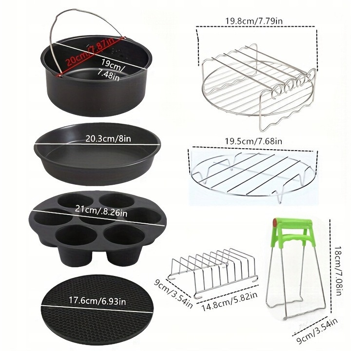 Set 8 accesorii pentru friteuza cu aer, inox, compatibil cu friteuze de 3,2 l-6,6 l, include forme pentru briose, pizza, suport pentru gratar, mata siliconica.