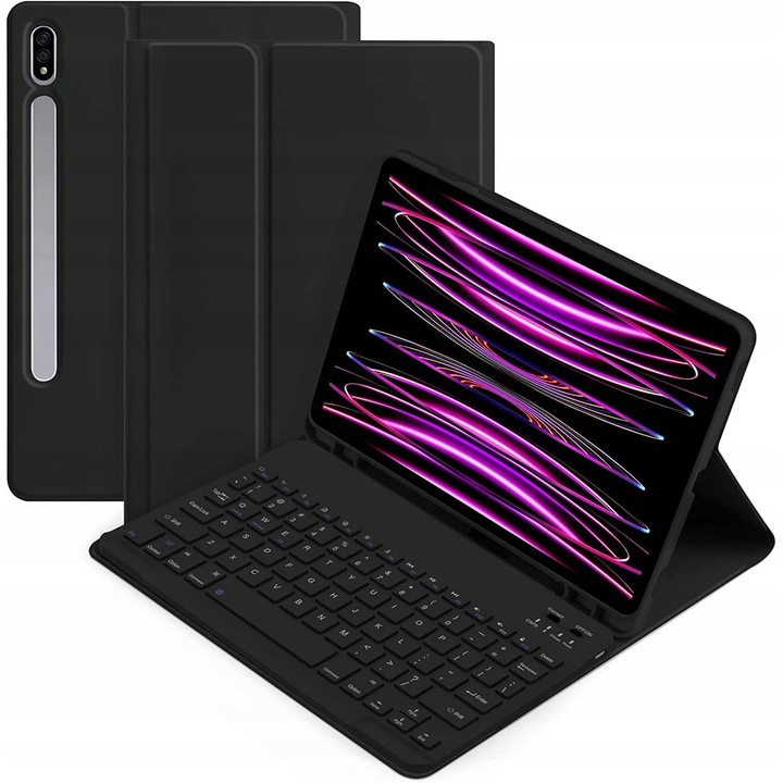 Tastatura Bluetooth cu etui pentru Samsung Galaxy Tab S7/S8, iluminare, suport pentru S-Pen, neagra, 11 inch