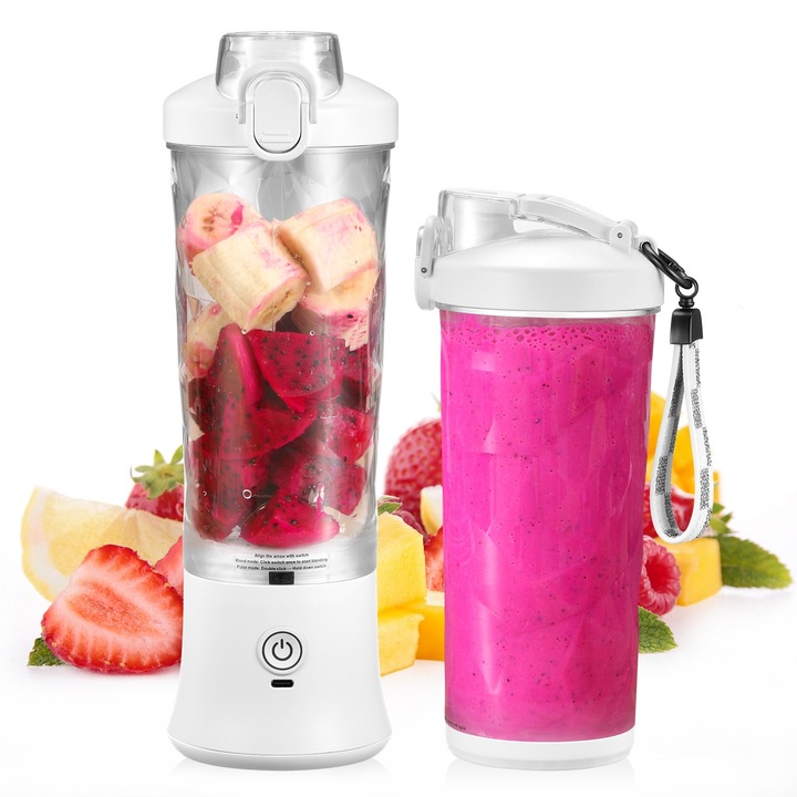 Blender portabil, 450ML, 50W, violet, cu 3 moduri de lucru, set complet cu cablu USB