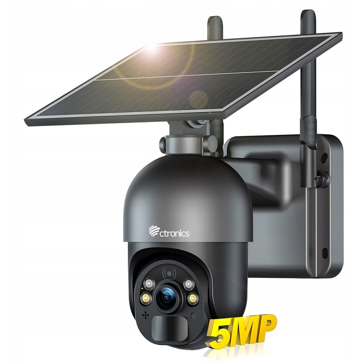 Camera de supraveghere exterioara Ctronics 5MP, solara 6W, nocturna color, WiFi, 2880x1620P, PIR, 128GB TF