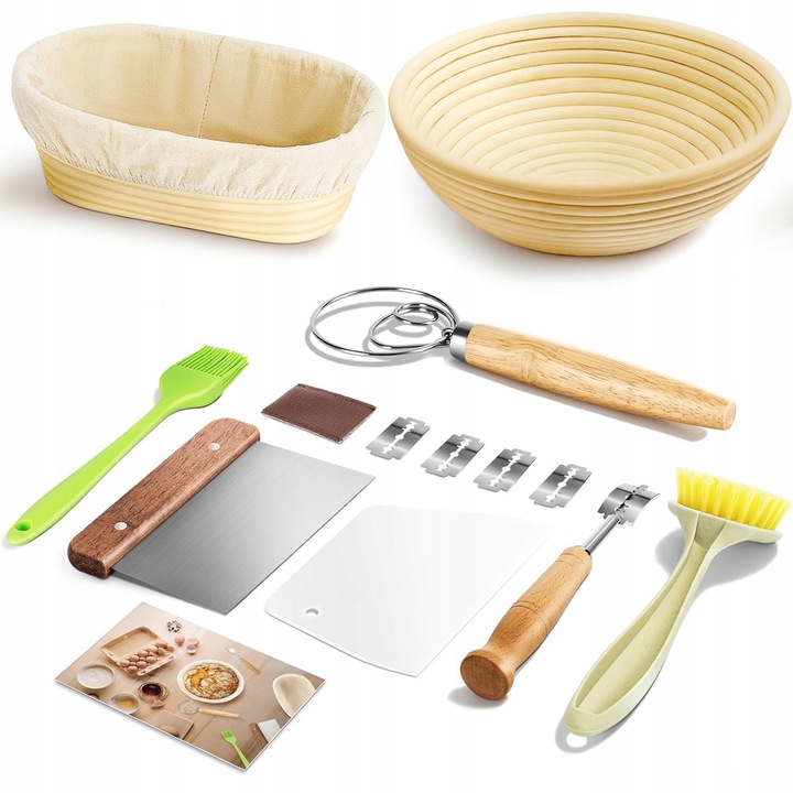 Комплект кошници от ратан за втасване на хляб, 25 см, включва аксесоари