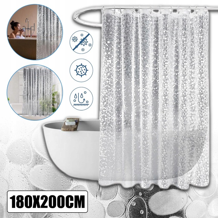 Zaslona de dus 3D, 180x200 cm, transparenta, cu magneti si inele metalice, set cu 12 carlige