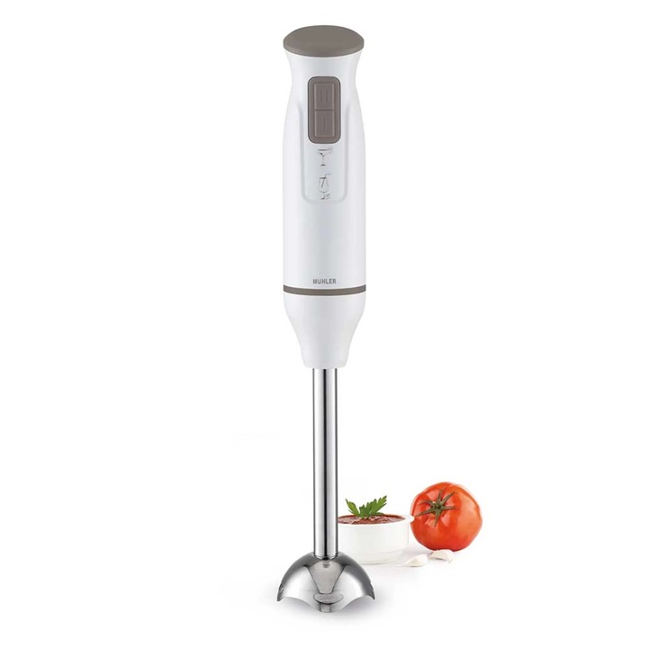 Пасатор Muhler MB600, 600W, 2 степени на скоростта, Накрайник и острие за пасиране от неръждаема стомана, Мощен мотор, Бял