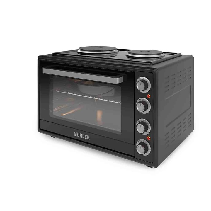 Готварска печка Muhler MC-6022, 55/60 л, 3500W, до 250˚C, Долен закрит нагревател, Лампа 18W, Двойно стъкло на вратата, Черна