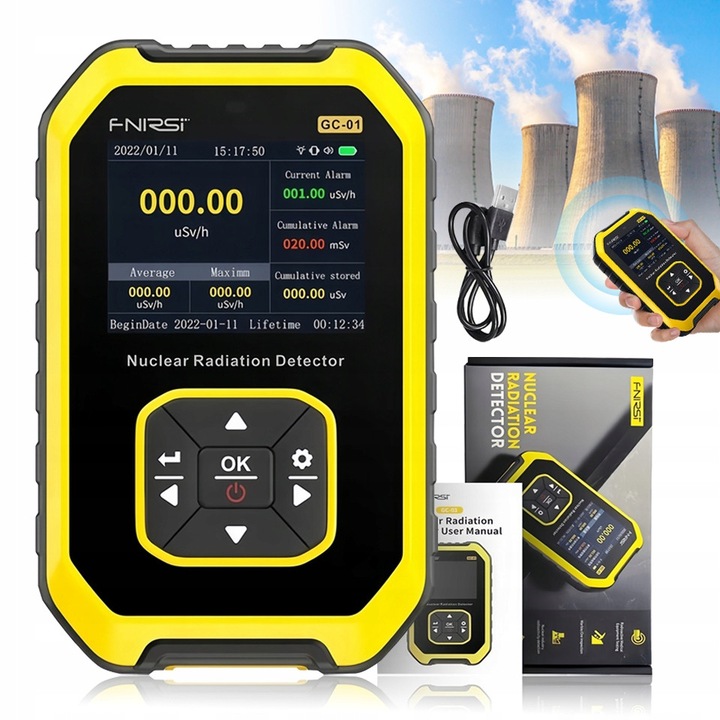 Licznik Geigera FNIRSI GC01, galben, 120x78x27mm, detectare beta gamma X-RAY, 3 moduri alarma, set complet