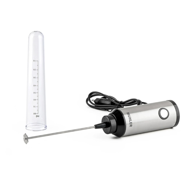 Ръчен Фрапе миксер Muhler FMX255S, 25W, Ергономичен иноксов корпус, Плоска бъркалка от неръждаема стомана, Инокс