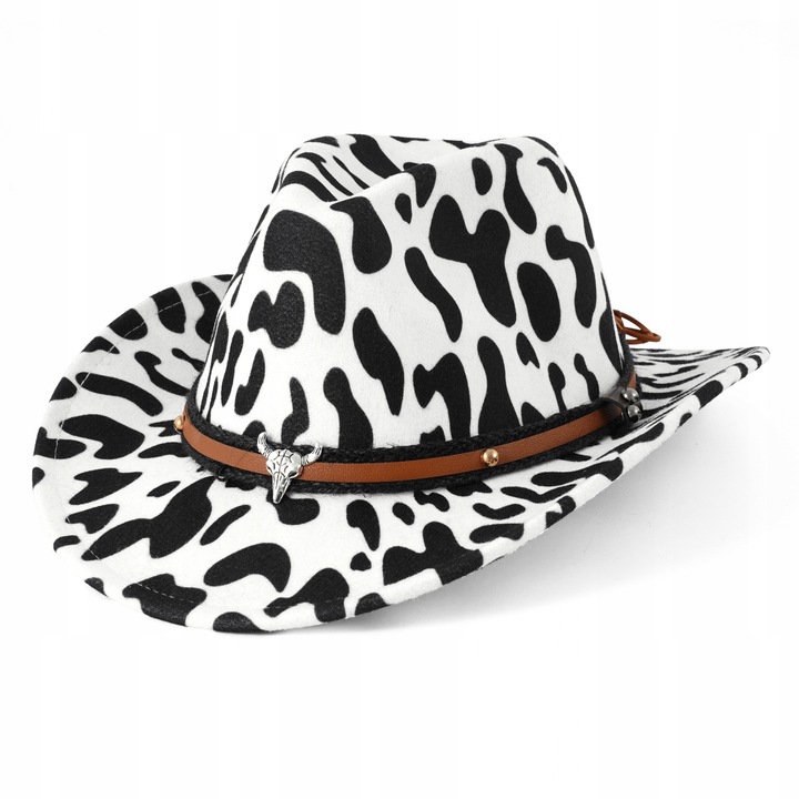Palarie cowboy unisex, 60cm, negru-alb, cu brau decorativ