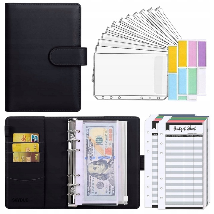 Set organizator bugetar A6, 12 buzunare cu fermoar, 12 foi bugetare, negru