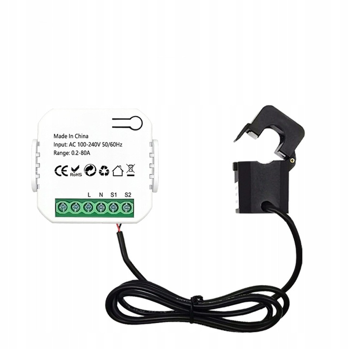 Monitor de putere Wi-Fi Tuya, 0,2-80A, compatibil cu Google Home si Alexa, 50x45x45mm, plastic