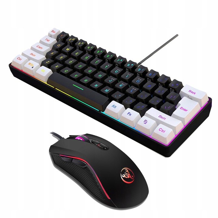 Set tastatura si mouse HXSJ V700BW+A869, 61 clape, iluminare RGB, cablu, negru-alb, dimensiuni 29,2x10,2x4cm, 12,7x7x4cm