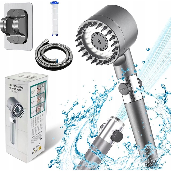 Cap de dus cu masaj, tehnologie de inalta presiune, negru, set complet