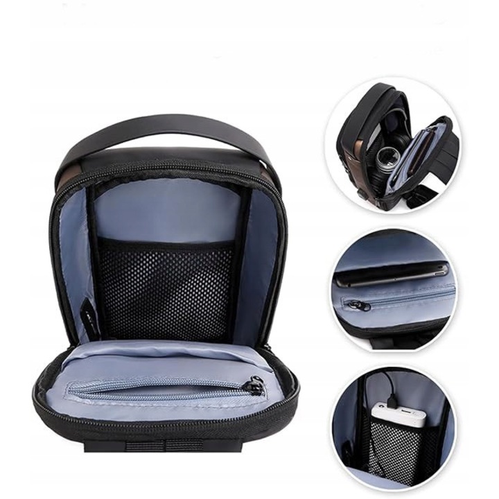 Uniszex hátizsák, vízálló, USB porttal, fő rekesszel, fekete színű, mérete 30x45cm