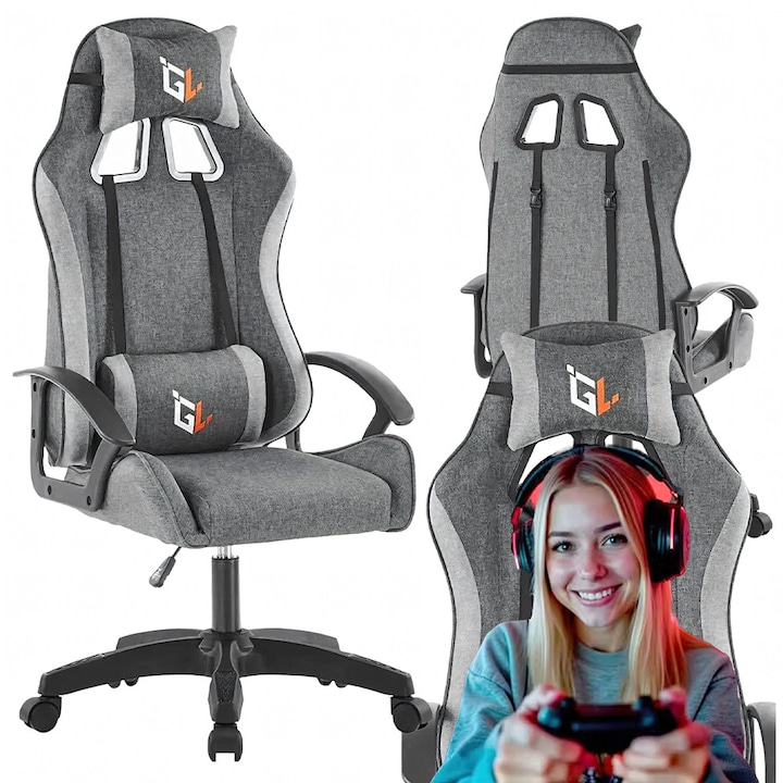 Геймърски стол за бюро, с поддръжка за крака, регулиране на височината, включени възглавници, ергономичен, 100 кг, сив