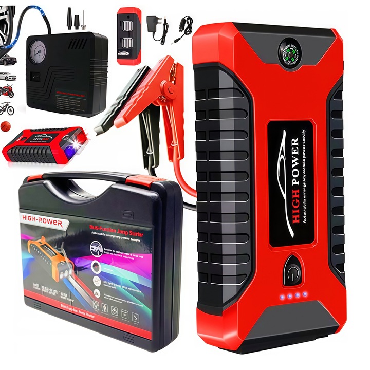 Starter Auto Portabil, AjieQaQ® HIGH POWER 4in1,12V, Baterie 99800mAh, Curent Varf 1000A, Incarcare Wireless, 3 Moduri Lanterna LED, Afisaj Digital, Siguranta Suprasarcina, pentru Motoare Benzina si Diesel, Portabil si Rapid, Negru/Rosu