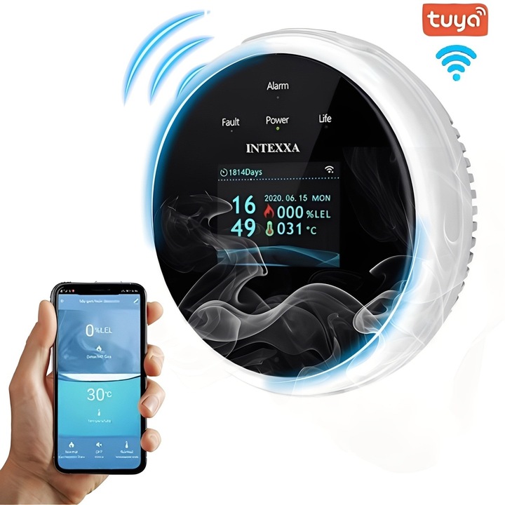 Detector Scurgeri de Gaze, Senzor de Gaz si Temperatura Smart, Controleaza si Inchide Electrovalva, Setari si Alerta pe telefon, Aplicatia Tuya, CH4, Gaz natural, GPL, Display LCD, Semnal Luminos si Acustic, WiFi 2.4 GHz, INTEXXA®, Alb