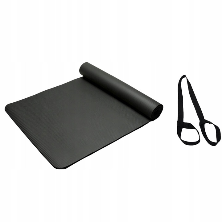 Jóga edzőszőnyeg, fekete, 183x61x1.5cm, rögzítőpánttal