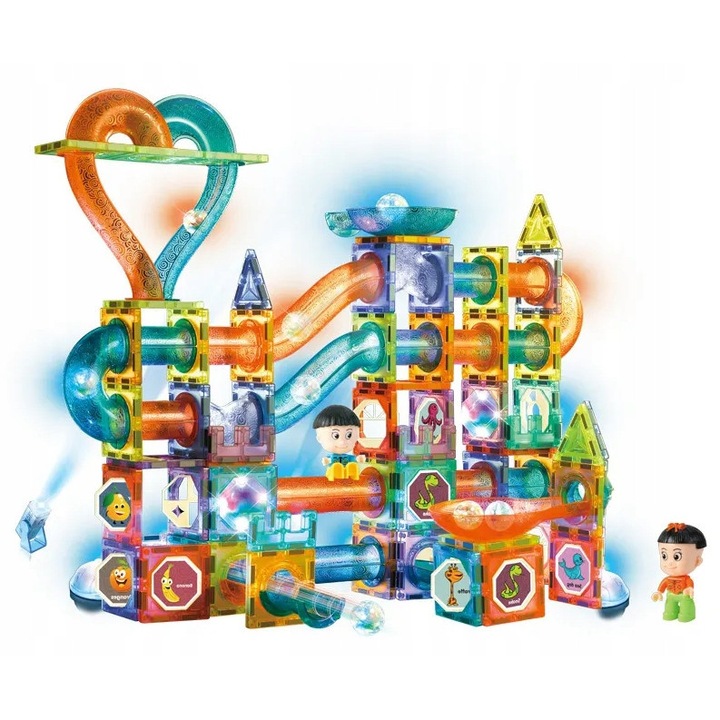 Set de constructie Klocki magnetice, 111 elemente, colorate, cu lumini, pentru copii 3+ ani
