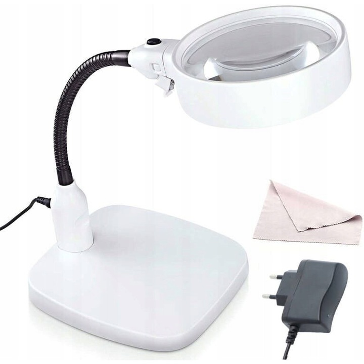 Lupa birou cu LED, 10x, 4,7 inch, 6 LED-uri, ajustabila, baza metalica