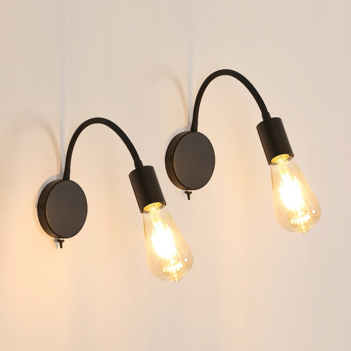 Черна метална аплика, 2-пак, E27, модерен стил, за всекидневна