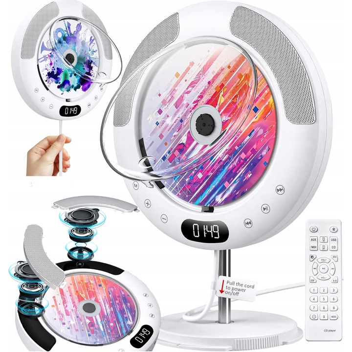 CD player portabil 2 in 1 cu Bluetooth si radio FM, Zosudull, 45mm x 2, 185x185x33mm, alb