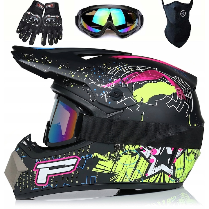 Casca motocross, ZOSUDULL, XL (60-61cm), negru+verde+roz, set cu ochelari, manusi si masca