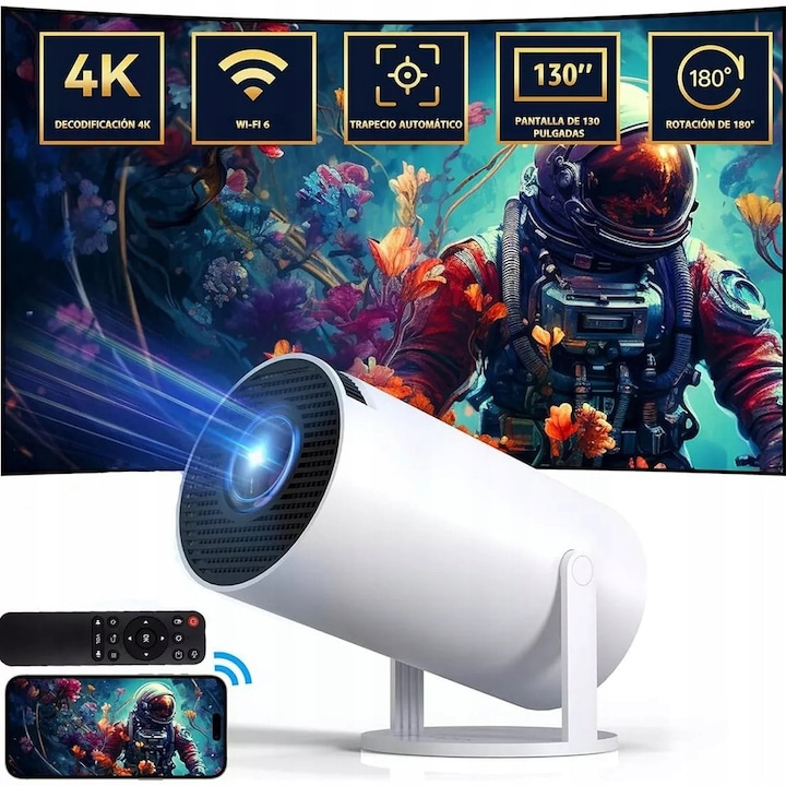 Mini proiector LED HY300 4K, prietenos cu Android TV, WiFi, set portabil