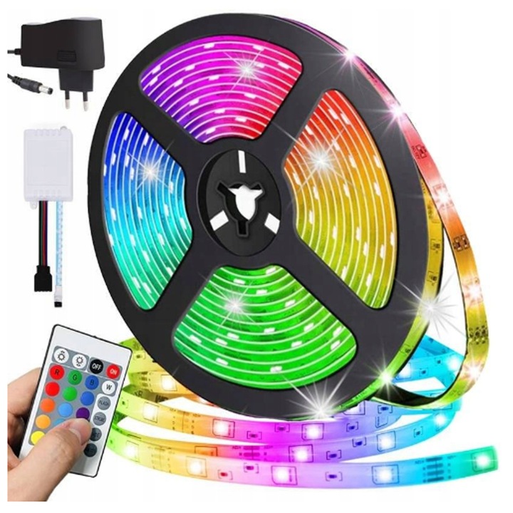 Banda LED RGB 5m, waterproof, 300 LED-uri, cu telecomanda, 8mm