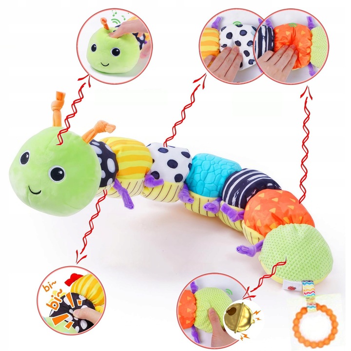 Jucarie interactiva pentru bebelusi, omida muzicala, 56cm, plusata, cu sunete si texturi diferite