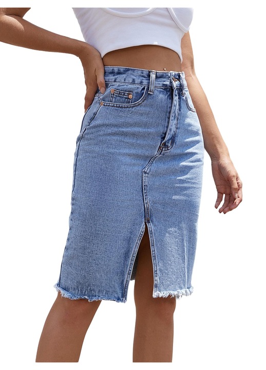 Fusta jeans midi eleganta cu crapatura, albastra, din denim, casual, S INTL