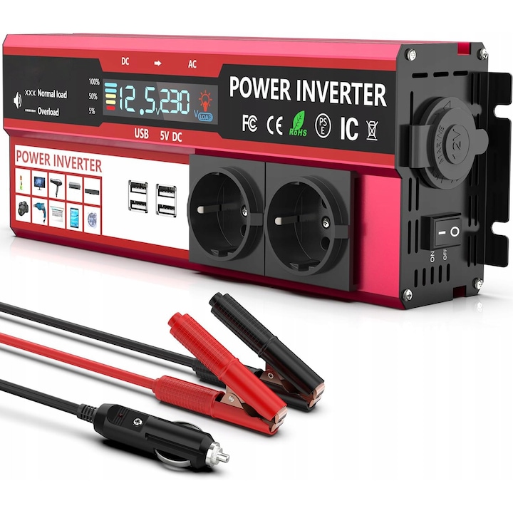 Inverter auto Zosudull 1000W 12V la 230V, 2 guri AC, 4 porturi USB, display LCD, putere de varf 2000W