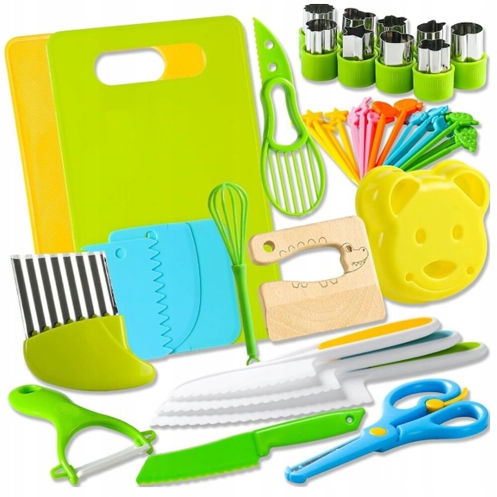 Set 46 Noze pentru Copii - Taiere Sigura a Fructelor si Legumelor, Design Ergonomic, Din Lemn si PP