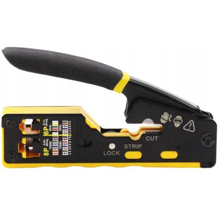 Cleste pentru cablurilor RJ45, ELECTRONICA 4U, compact, cu functie de taiere si indepartare izolatie, negru-galben