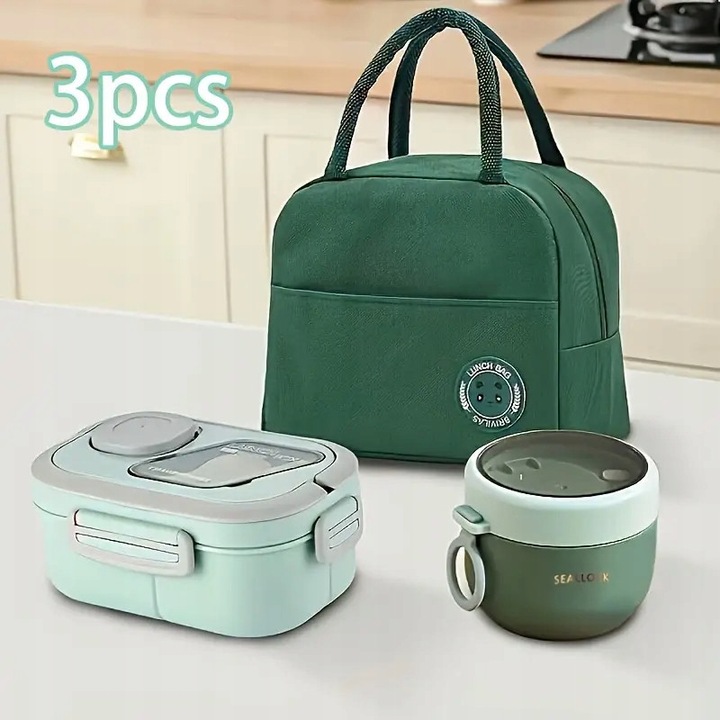 Комплект за обяд от 3 части, Marsee, кутия за обяд 850ml, чаша 600ml, зелена чанта