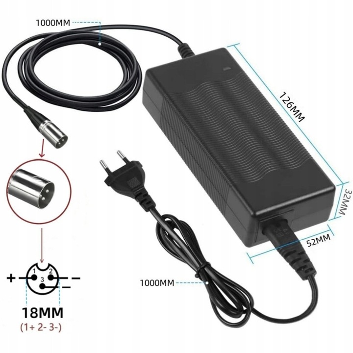 Incarcator electric 42V 2A pentru bicicleta, 3 pini, conector XLR 18mm, negru